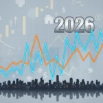 Graph showing 2026 housing market price fluctuations over a city skyline