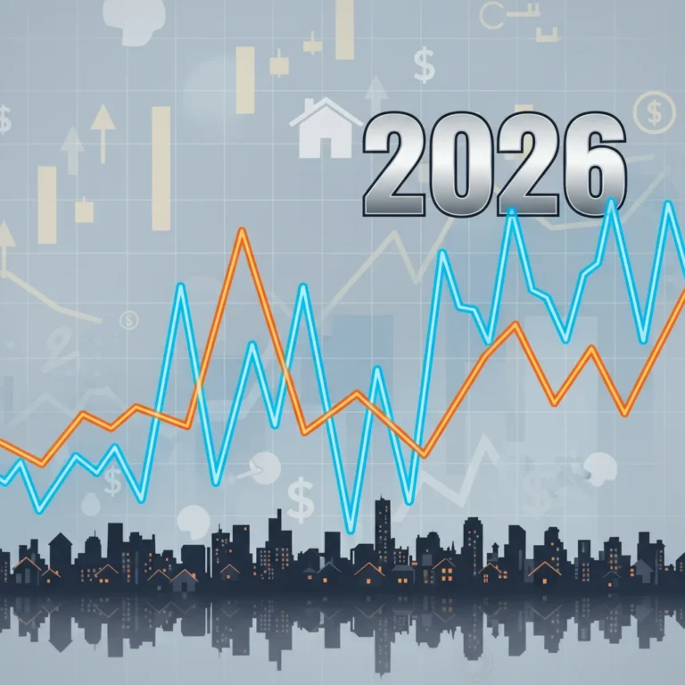 Graph showing 2026 housing market price fluctuations over a city skyline