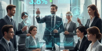 Diverse professionals working in a modern office with economic data projections for the 2026 labor market.