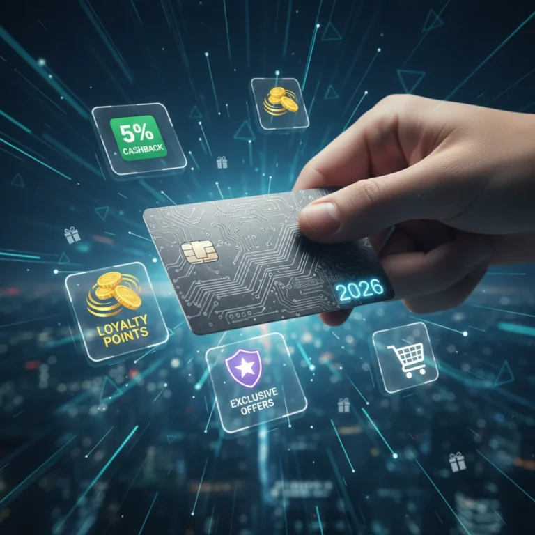 Credit card with digital rewards icons, symbolizing the 2026 rewards program update and increased spending power.