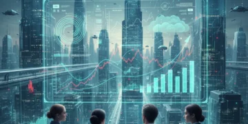 Digital cityscape with economic graphs and business professionals analyzing 2026 US economic trends.