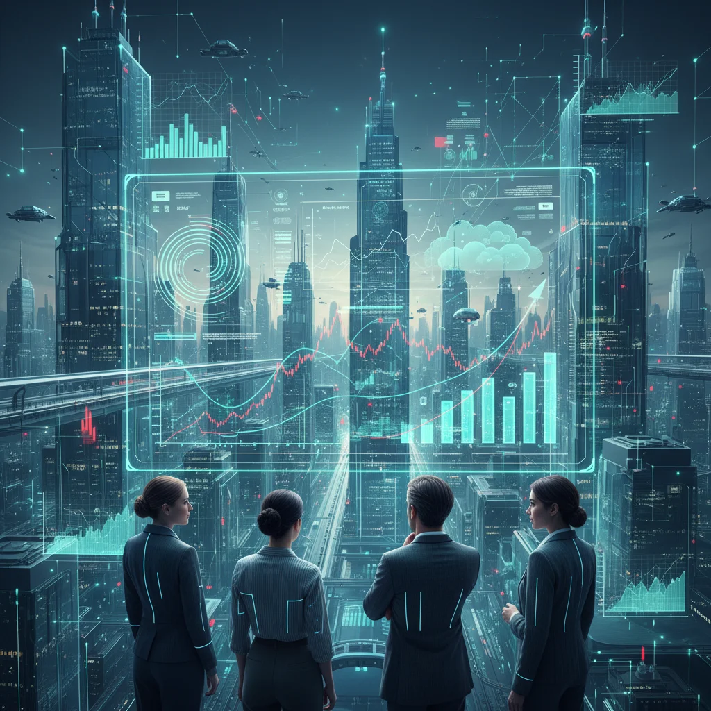 Digital cityscape with economic graphs and business professionals analyzing 2026 US economic trends.