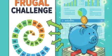 52-Week Frugal Challenge calendar with growing money stack