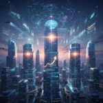 Futuristic cityscape with AI data overlays illustrating economic transformation
