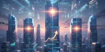 Futuristic cityscape with AI data overlays illustrating economic transformation