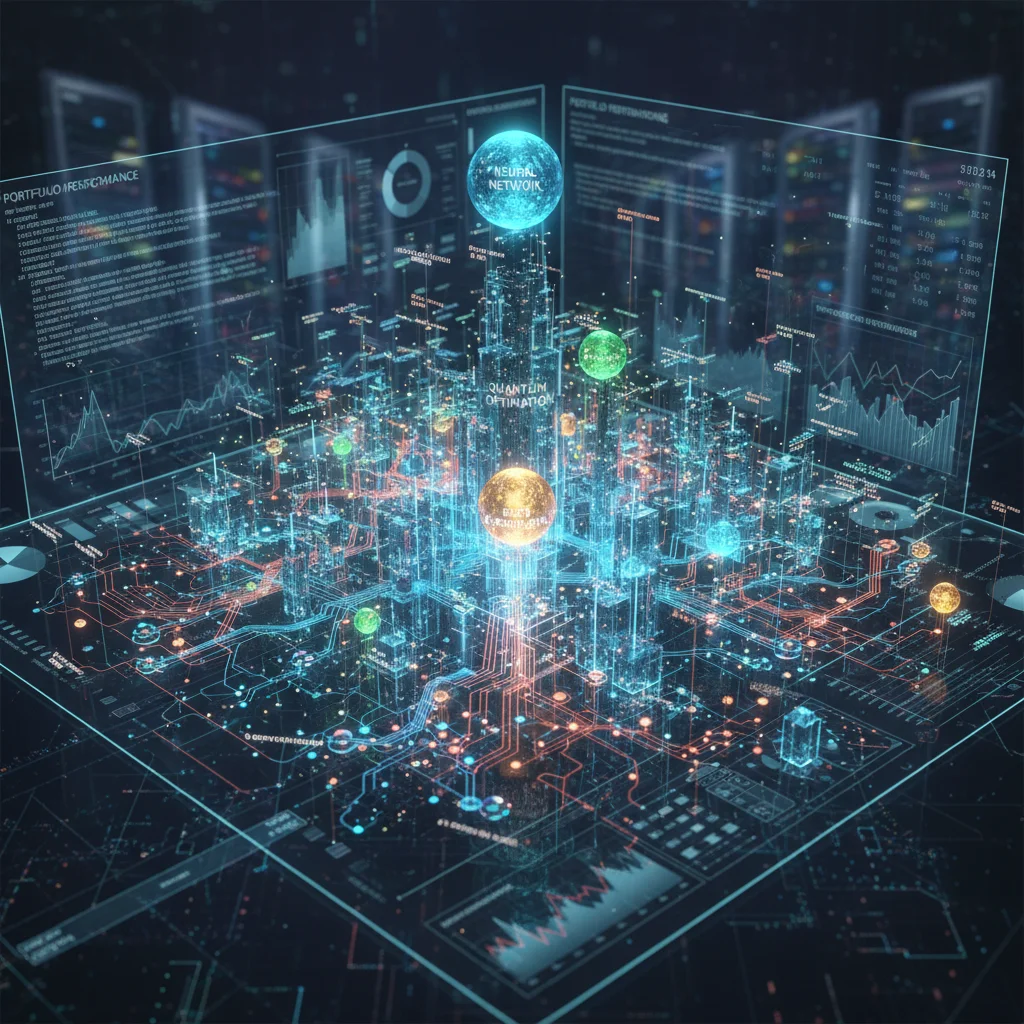 Complex network of AI and machine learning algorithms optimizing investment portfolios.