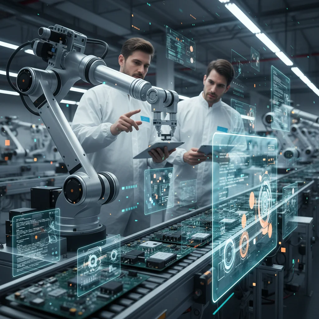 Robotic arm on an assembly line with human engineers, illustrating advanced manufacturing and AI-driven productivity.