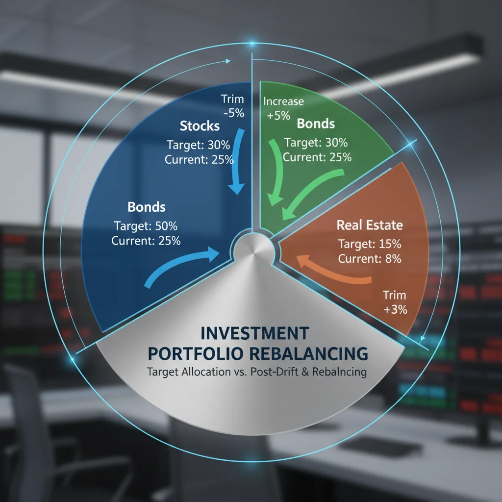 Pie chart illustrating asset allocation and rebalancing process for an investment portfolio.