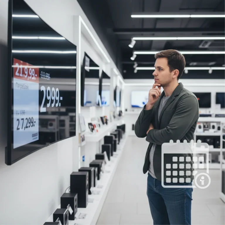 Person contemplating a big purchase with a calendar reminder for a 7-day waiting period