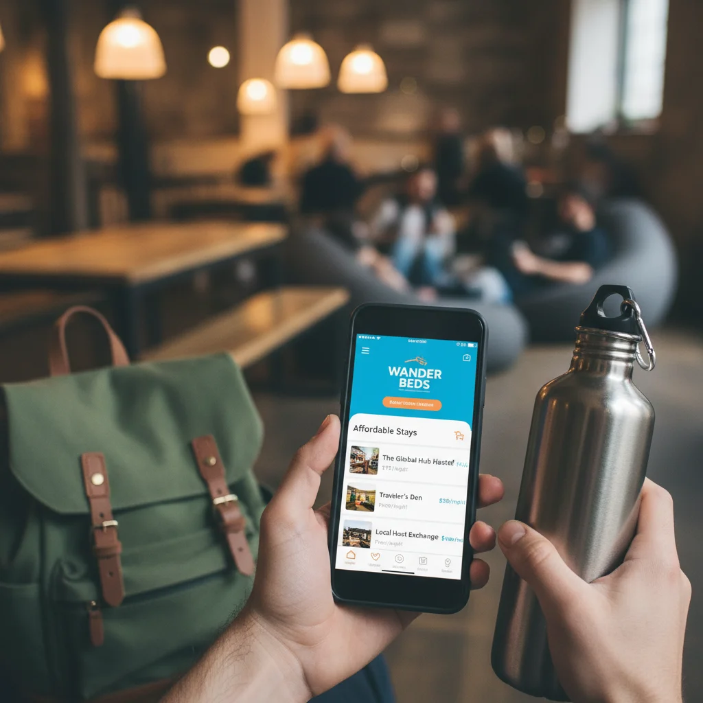 Smartphone displaying budget accommodation app for cheap US travel