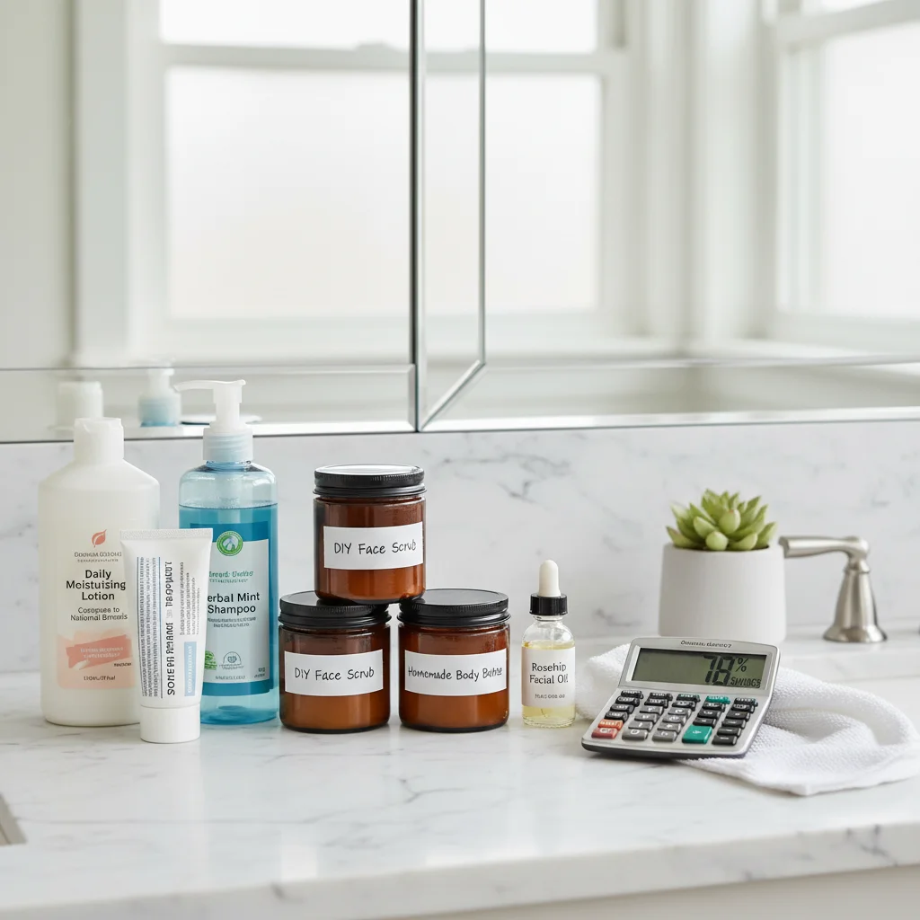 Budget-friendly personal care products and DIY beauty items on a bathroom counter.