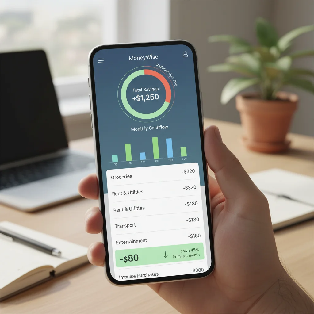 Budgeting app on a smartphone showing reduced spending on impulse purchases