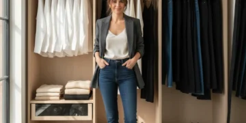 Woman in front of organized capsule wardrobe