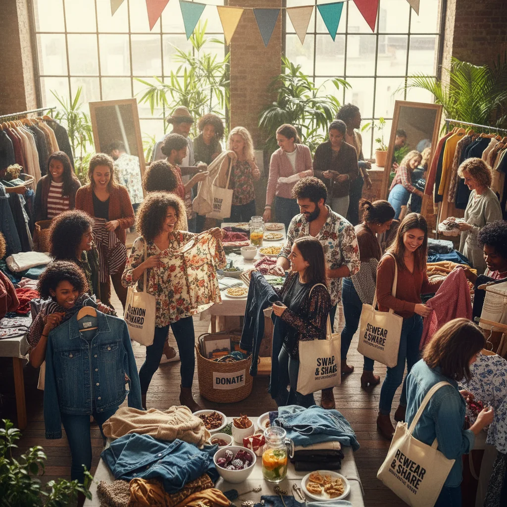 Group of people happily participating in a clothing swap event