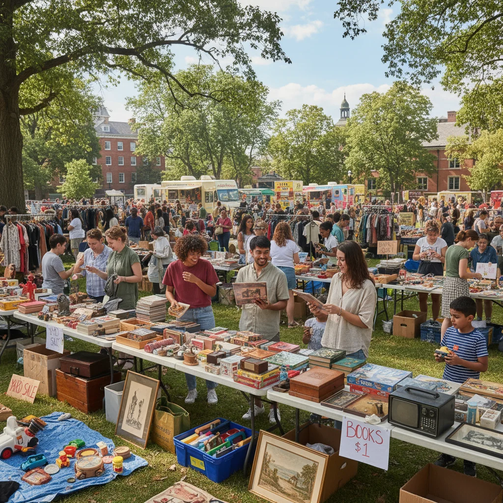 People browsing and interacting at a vibrant community yard sale, highlighting local selling options.