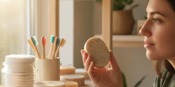 Thoughtful consumer choosing eco-friendly personal care products for conscious consumption