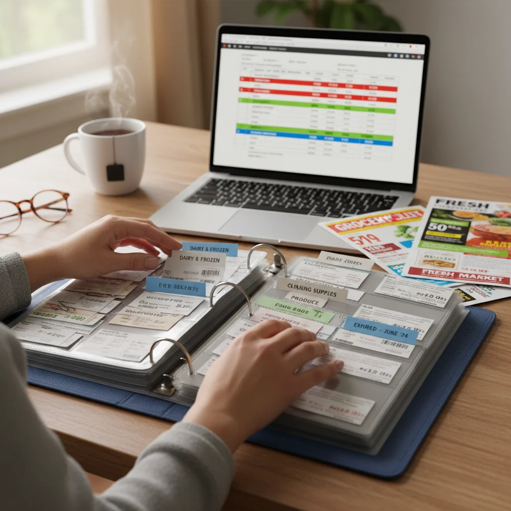Organized coupon binder with laptop and sales flyers for strategic savings.