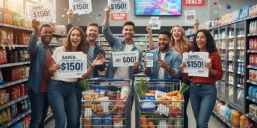 Happy shoppers with coupon savings and digital apps in a 2026 US supermarket.