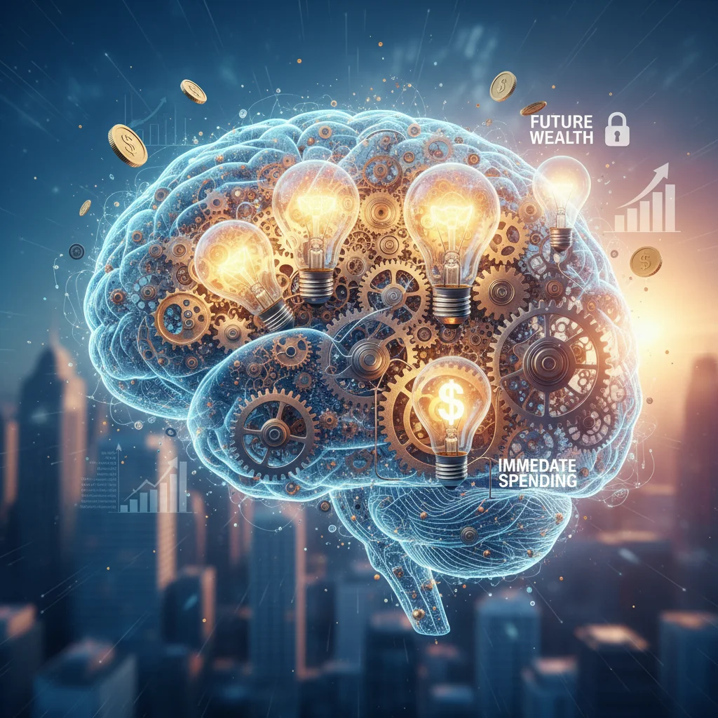 Brain with gears and lightbulbs, representing critical thinking in financial decisions