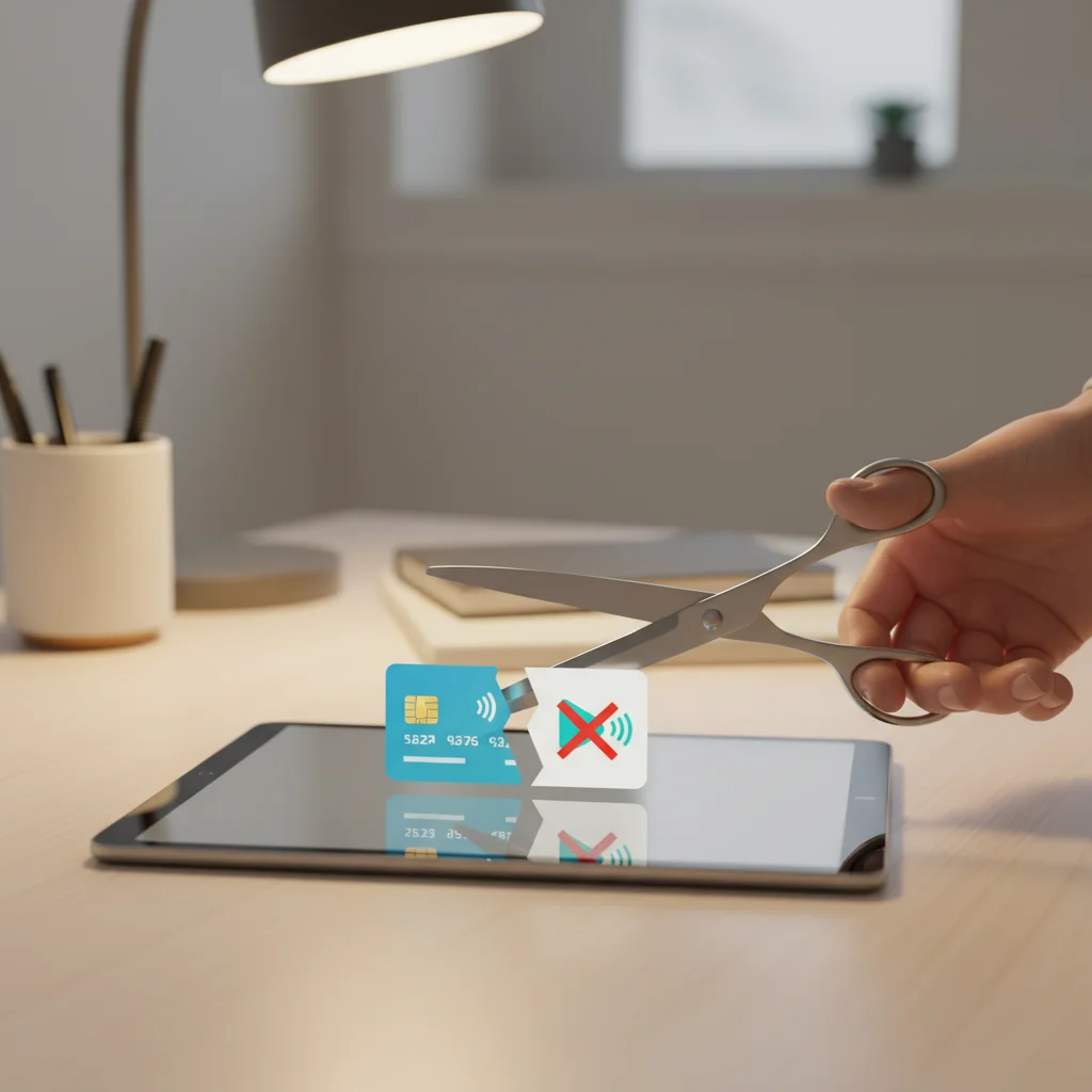Hand cutting a credit card icon on a tablet, symbolizing the cancellation of unwanted subscriptions and regaining financial control.