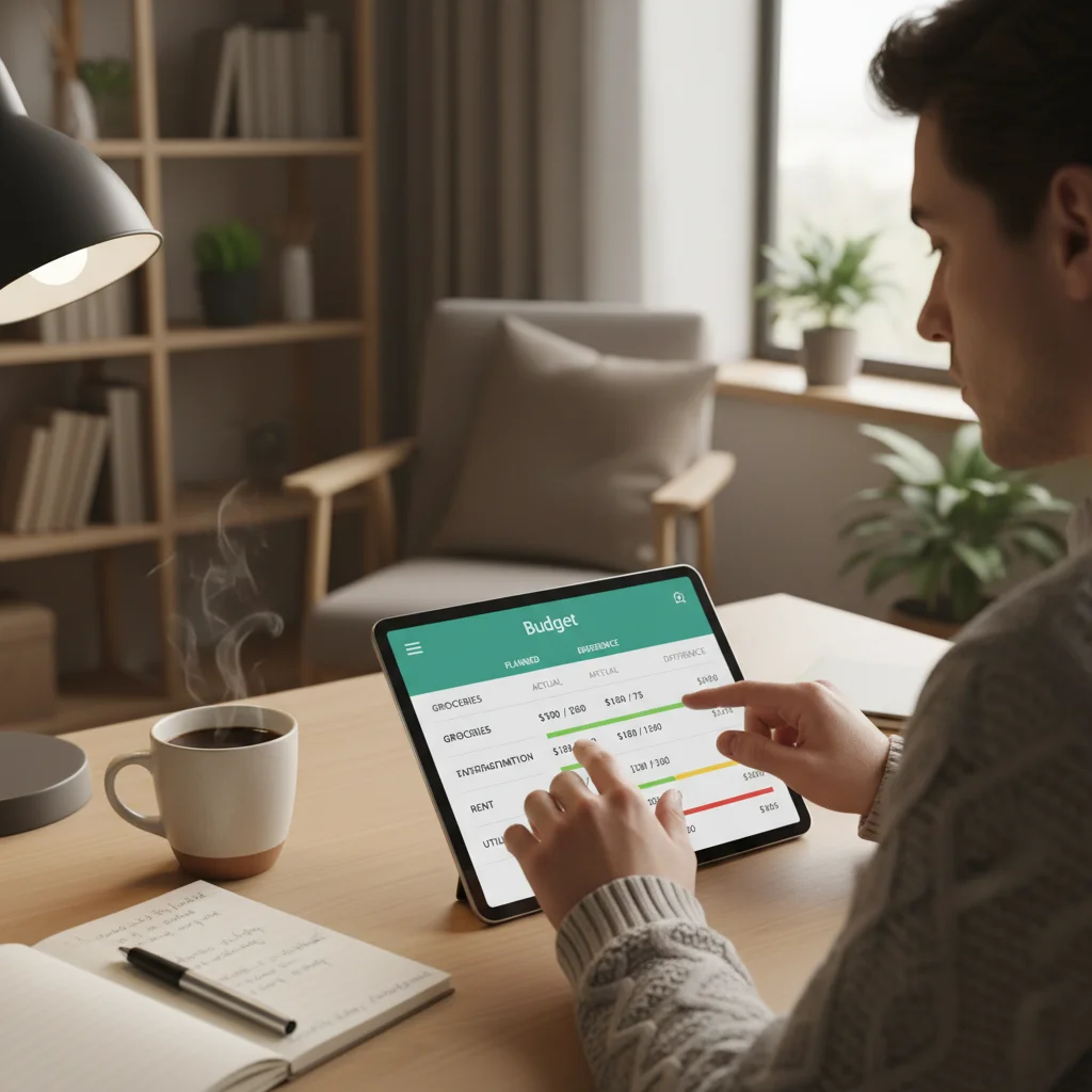 Person tracking daily expenses on a tablet with a budgeting app.
