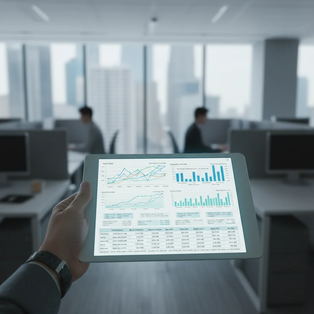 Hand holding tablet displaying index fund charts and data in a modern office, representing data-driven investment.