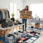 Woman smiling, surrounded by organized items for sale, representing decluttering and earning extra cash.