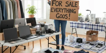 Woman smiling, surrounded by organized items for sale, representing decluttering and earning extra cash.