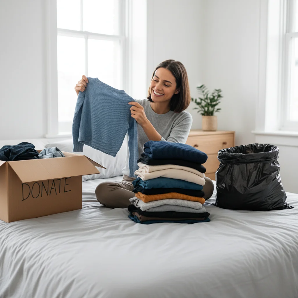 Person decluttering clothes on a bed, smiling
