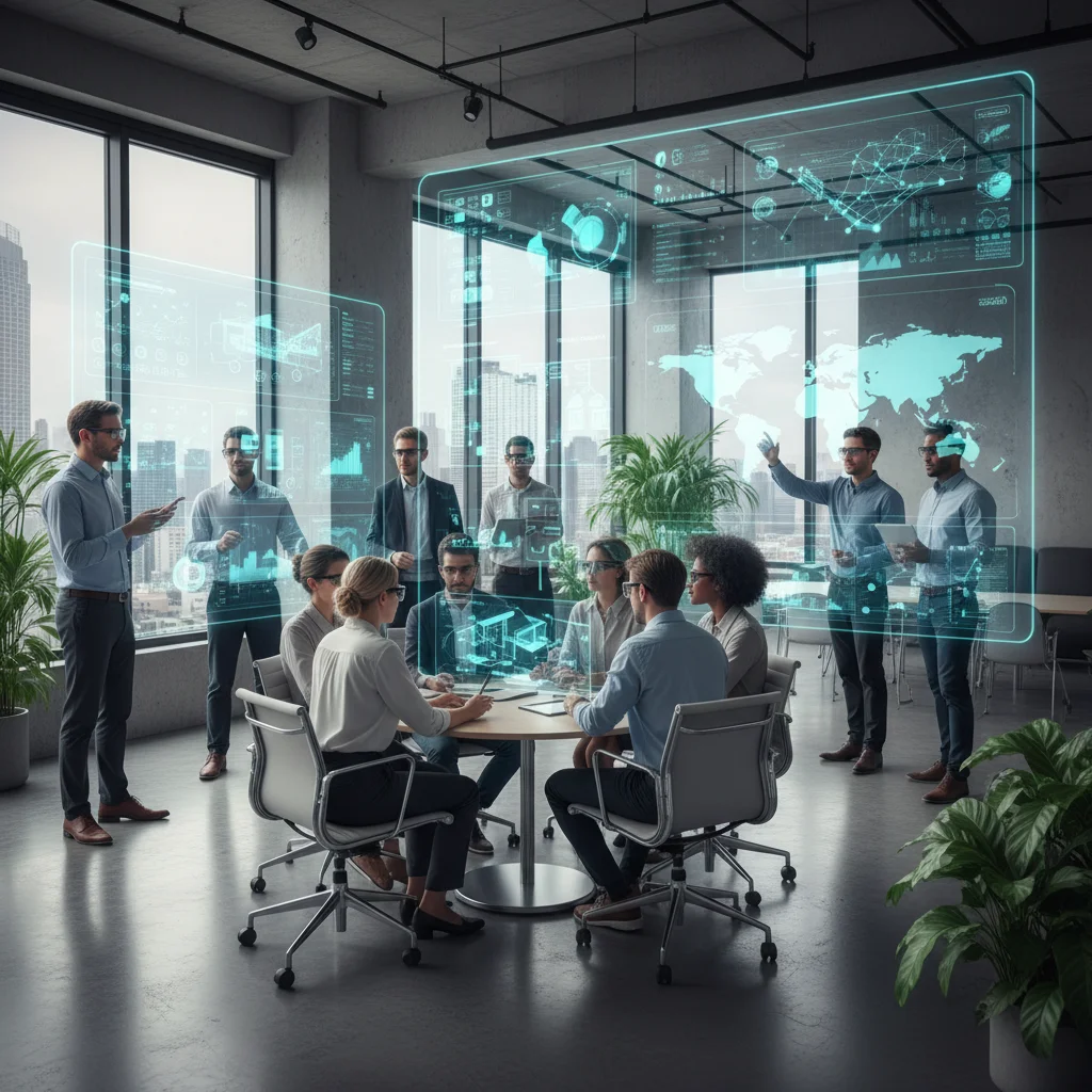 Diverse team collaborating in a modern office using augmented reality and digital tools, representing future of work.