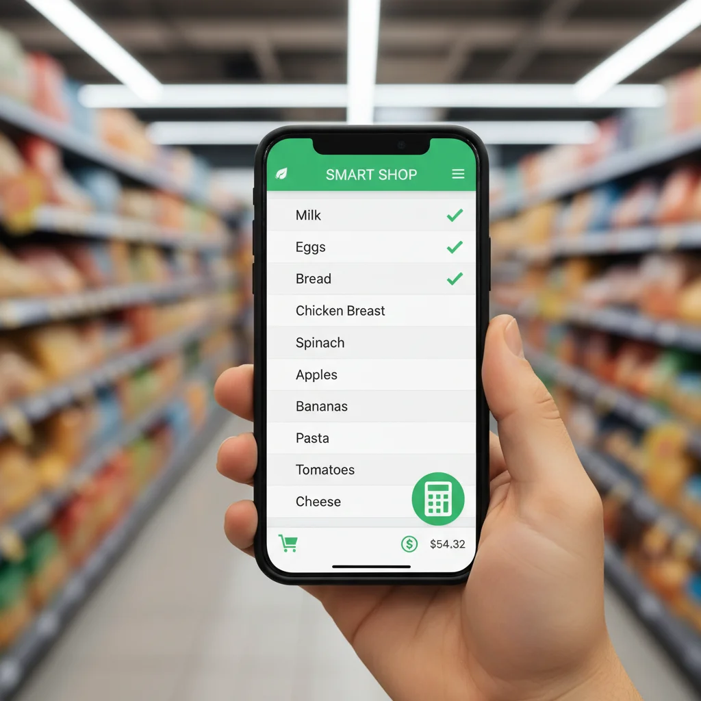 Smartphone displaying a digital grocery list and budget tracker in a supermarket setting.