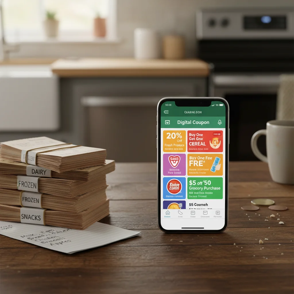 Digital coupon app on smartphone with physical coupons and grocery list.