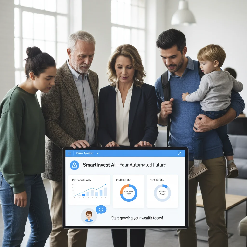 Diverse individuals viewing a user-friendly robo-advisor dashboard on a tablet.