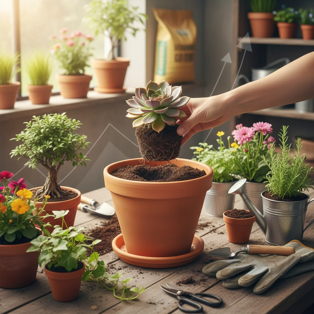Hand planting a small plant into a pot, symbolizing diversified investment growth.