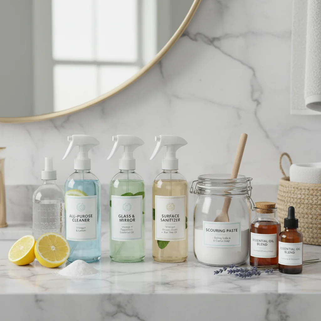 Homemade cleaning supplies on a bathroom counter