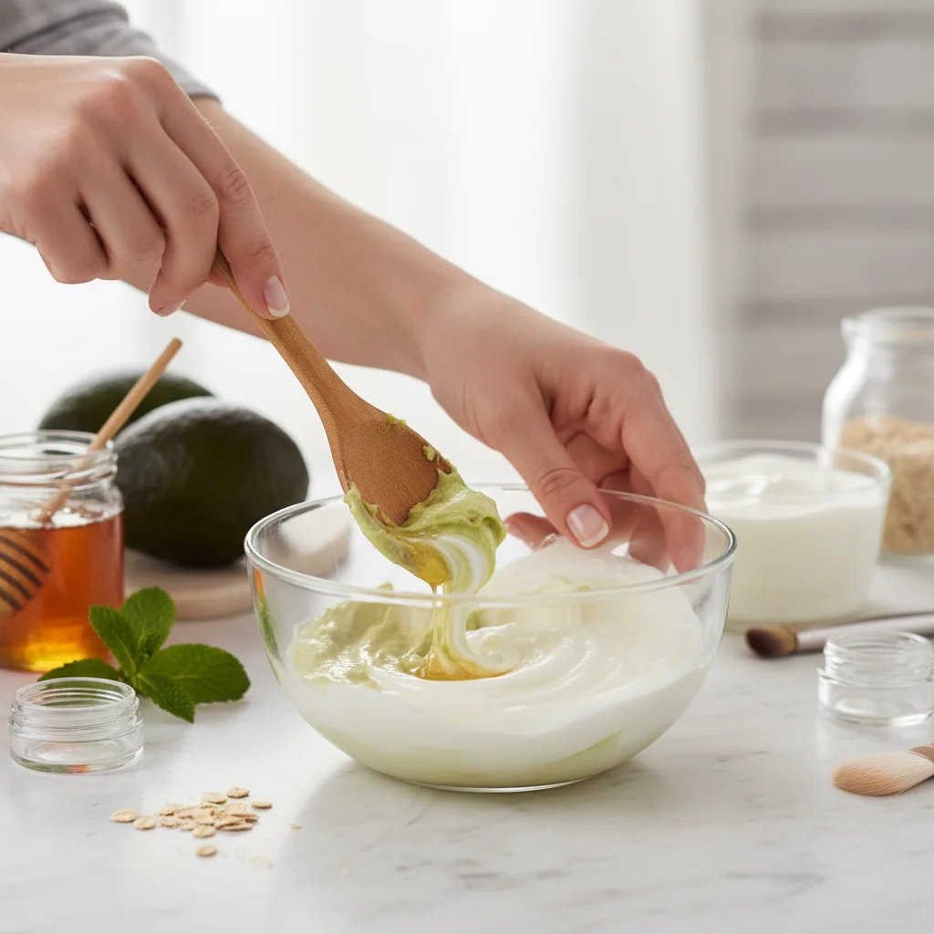 Hands mixing natural ingredients for a DIY face mask.