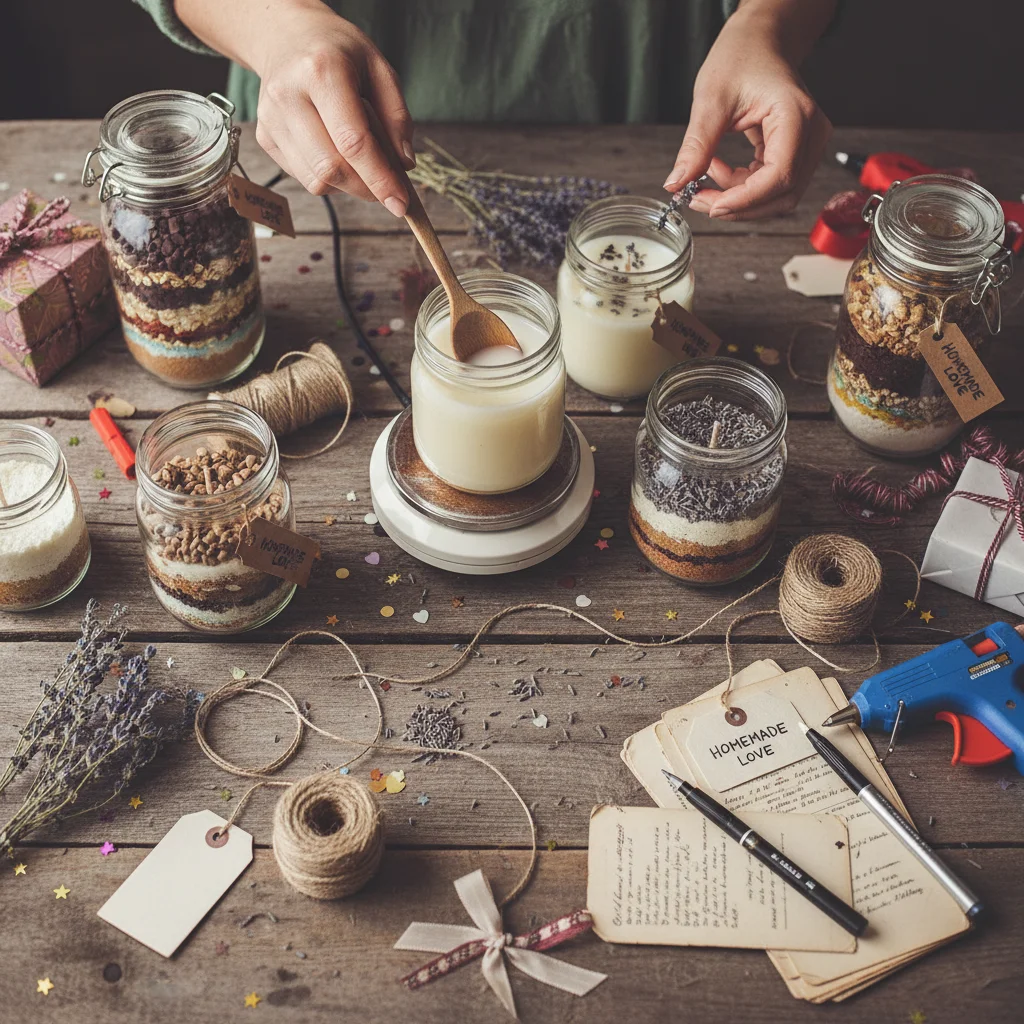 Hands crafting a DIY homemade gift, emphasizing creative frugal gifting