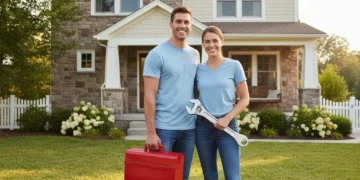 Couple ready for DIY home maintenance in front of their US home