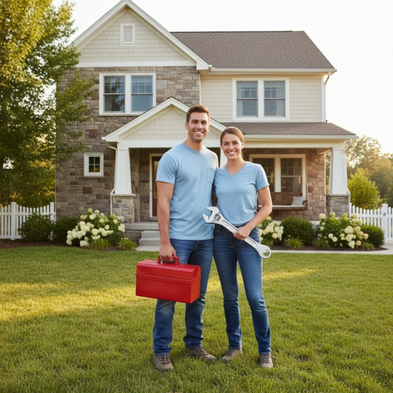 Couple ready for DIY home maintenance in front of their US home