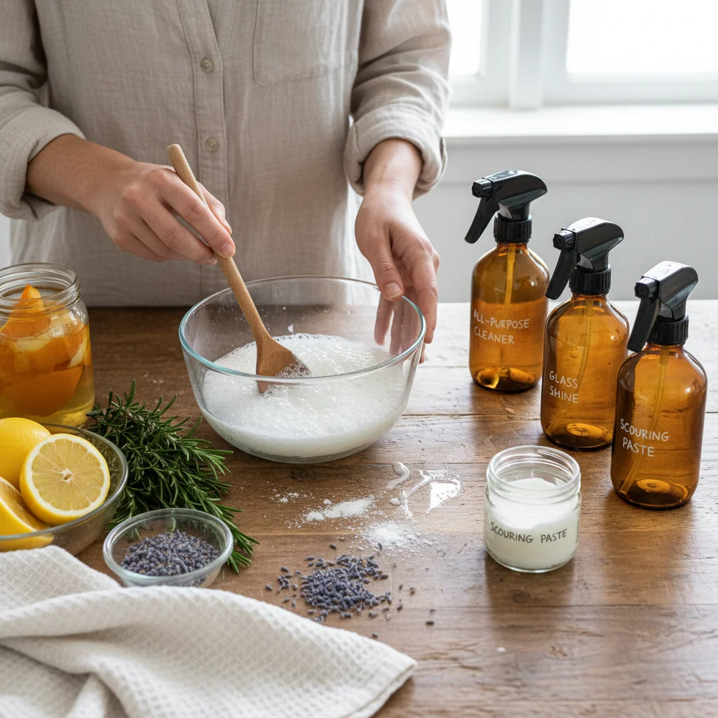 Person making homemade cleaning products with natural ingredients.