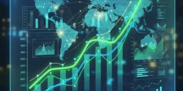 Futuristic financial dashboard displaying economic growth for 2026