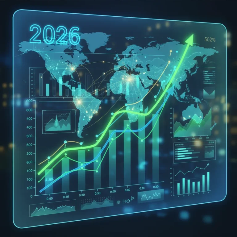 Futuristic financial dashboard displaying economic growth for 2026