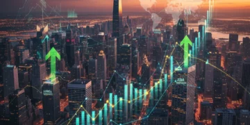 Dynamic cityscape with digital financial charts representing emerging market investment growth.