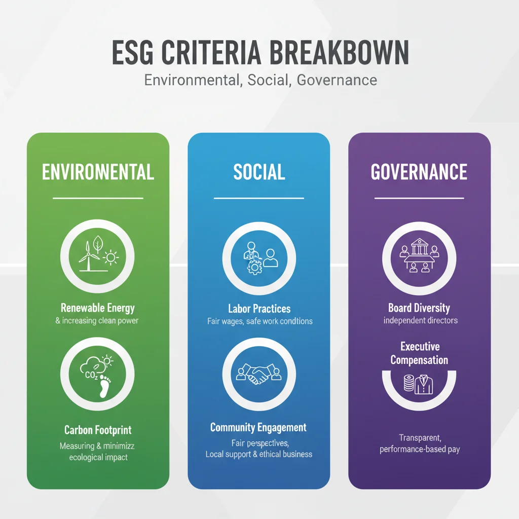Infographic detailing environmental, social, and governance criteria in ESG.