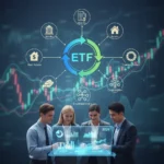 Illustration of diverse investors learning about ETFs on a digital screen with market data.