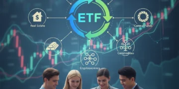 Illustration of diverse investors learning about ETFs on a digital screen with market data.