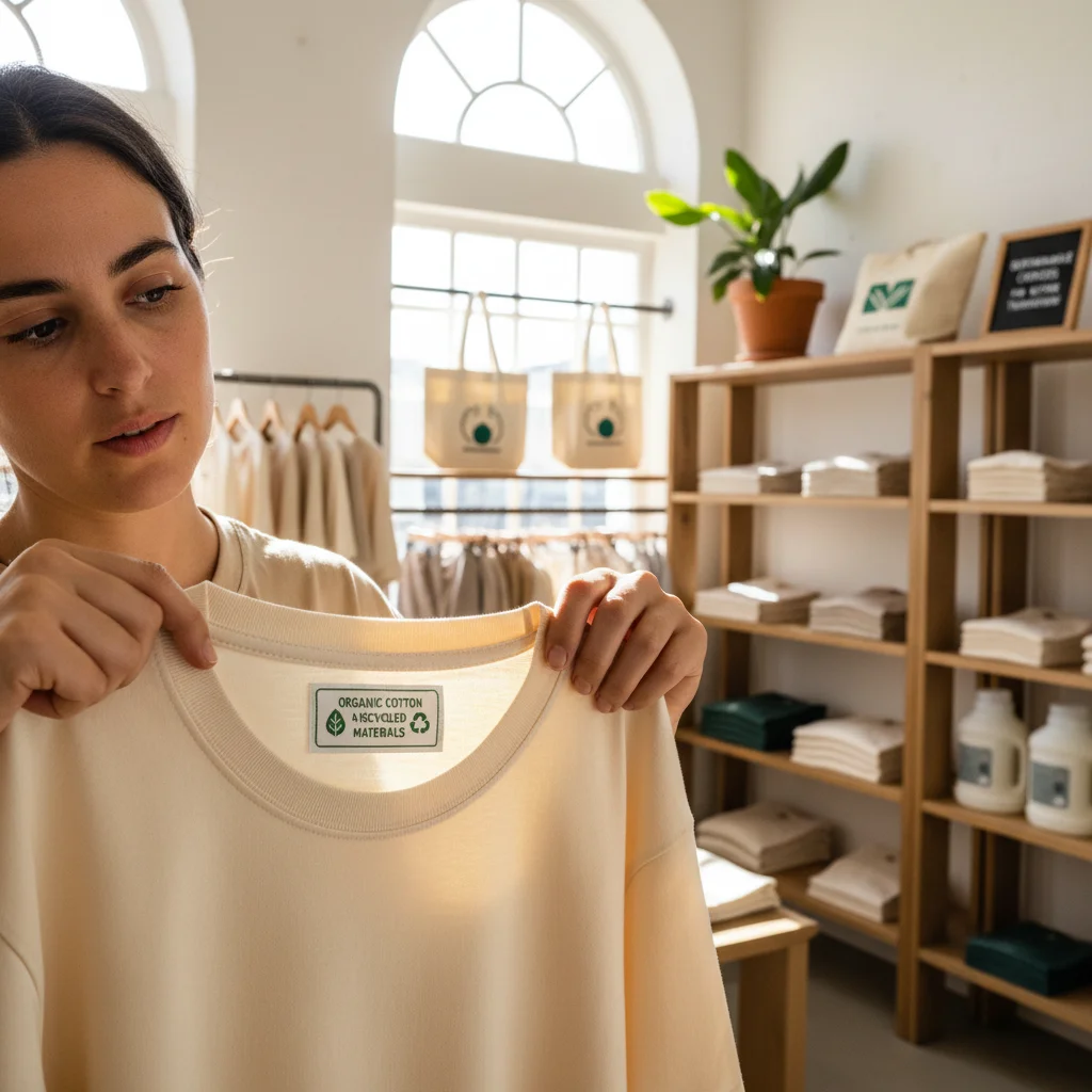 Person checking an organic cotton label on a garment in an ethical clothing store.