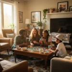 Happy family playing board game at home, enjoying frugal entertainment.
