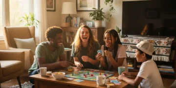 Happy family playing board game at home, enjoying frugal entertainment.