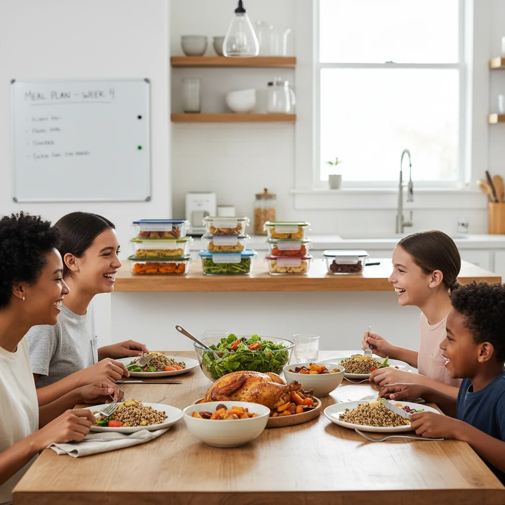Family enjoying healthy home-cooked meal from prepped ingredients